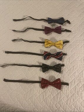 Set of Six Boy’s Pre-tied Bow Ties - Navy, Burgundy, Yellow, Striped, Black, Red